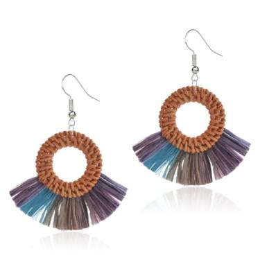 Imagem de QLYOVWE Brincos femininos de ráfia, boêmio, verão, praia, feitos à mão, moda de vime, franja, borla, brinco, leve, de palha, pingente, pingente, joia, presente boêmio, Standard, Ráfia, Sem pedra