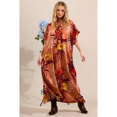 Imagem de Chemise Longo Com Mangas Curtas Terracota Estampado Yacamim M4-Feminino