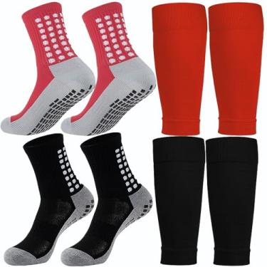 Imagem de KMOLY Conjunto Com 2 Meias De Futebol E Caneleiras Para Crianças 7 A 14 Anos, Treinamento Basquete (Vermelho Preto)