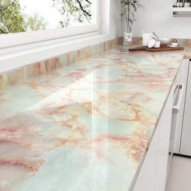 Imagem de STICKEEP Papel de parede de mármore rosa bege autoadesivo papel de parede de mármore à prova d'água creme granito para bancadas, armários de cozinha, gavetas, forro, rolo de vinil 45 x 304 cm