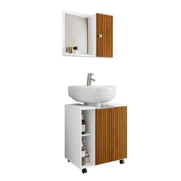 Imagem de Armário para banheiro Kit completo - gabinete para pia de coluna com rodízios + Espelheira Com Prateleira(BRANCO/RIPADO)
