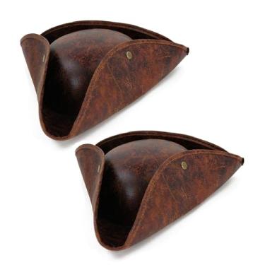 Imagem de Piegricdiat Chapéu de pirata marrom envelhecido de couro estilo colonial chapéu de tricórnio vestido de Halloween adequado para homens e mulheres marrom (2)