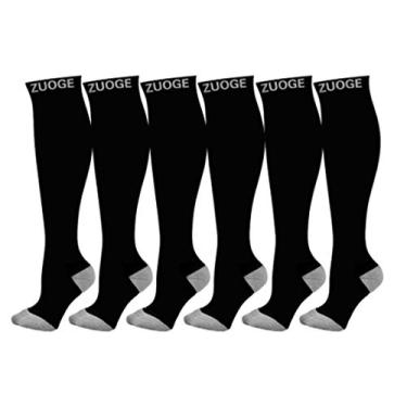 Imagem de Pacote de 6 pares de meias de compressão da Zuoge – melhores meias médicas, de amamentação, de viagem e de voo – corrida e fitness – 15 – 20 mmHg, Preto, 4L/5XL
