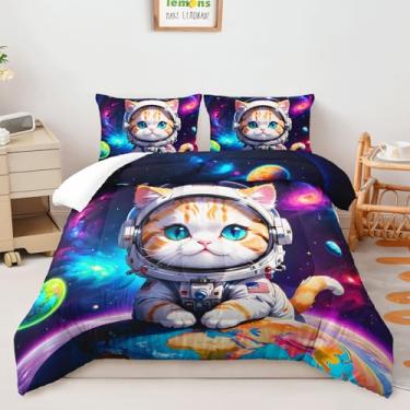 Imagem de AILONEN Jogo de cama kawaii, gato, tamanho casal, para meninos e meninas, desenho animado de gatinho e astronauta, 3 peças, tema do espaço sideral, galáxia, planetas, edredom com 2 fronhas