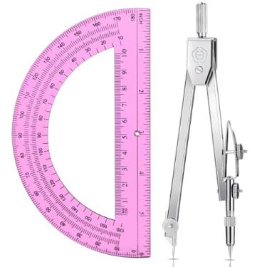 Imagem de EBOOT Conjunto de matemática de geometria estudantil, bússola de desenho e transferidor de braço oscilante de 15 cm transferidor de matemática de 180 graus (rosa)