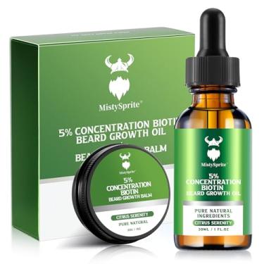 Imagem de Óleo de crescimento de barba e bálsamo para barba – Kit de crescimento de barba com 5% de concentração de biotina para homens, ingredientes naturais com óleo de argan, óleo de jojoba e vitamina