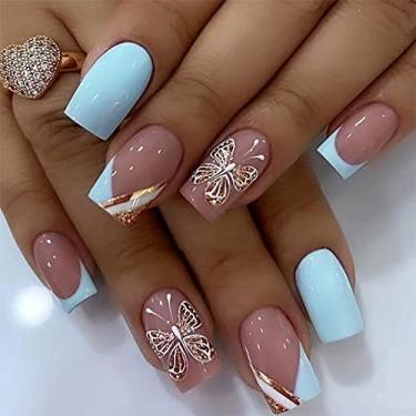 Imagem de Unhas postiças quadradas médias com desenhos dourados franceses com glitter, unhas postiças, rosa e azul claro, cola acrílica nas unhas, brilhante, cobertura total, para mulheres e meninas