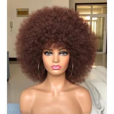Imagem de HIHOO Peruca Afro Curta com Franja para Mulheres Negras Peruca Afro Kinky Curly Anos 70 Premium Sintética Grande Perucas Afro (Marrom Vermelho)