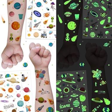 Imagem de Tatuagens temporárias falsas de planetas espaciais que brilham no escuro para crianças, mais de 80 peças, astronauta, navio, foguete, alienígena, brinquedos, lembrancinhas, decorações de aniversário