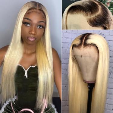 Imagem de Perucas de cabelo humano loiro de 71 cm para mulheres negras, 33 x 10 cm, perucas de cabelo humano brasileiro pré-arrancadas com cabelo de bebê #1b/613, perucas de renda reta ombré, pontas completas..