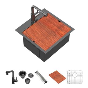 Imagem de Mocoloo Pia de cozinha preta de 45,72 cm com torneira pias de cozinha externas calibre 16 de aço inoxidável tigela única para estação de trabalho pequena para trailers com torneira removível, 45,7 x