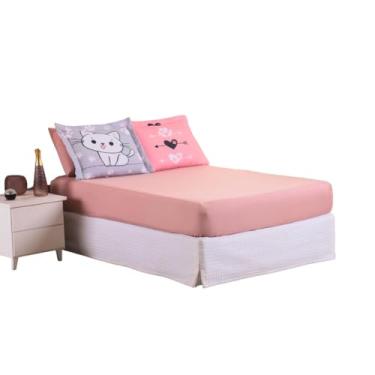 Imagem de Kit Jogo Lençol Roupa Cama Casal Super King 5 Peças Pet Love Basico Elastico Fronha Decoração Quarto Gato Rose