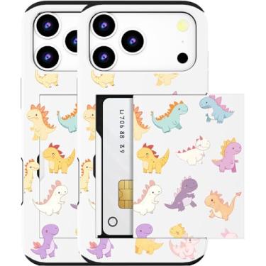 Imagem de MUQR Capa para celular 17 Pro compatível com porta-cartão fofo - Capa carteira robusta com design kawaii, proteção contra quedas de grau militar para mulheres (dinossauros brancos de desenho animado)