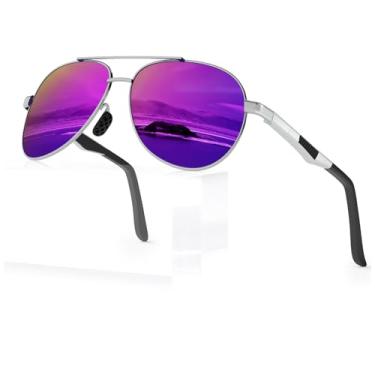Imagem de WEAROYO Óculos de sol polarizados, masculinos, femininos, armação de liga Al-Mg, dobradiças de mola, estilo piloto, militar, proteção UV400 para dirigir, Armação prateada/lente espelhada roxa, M