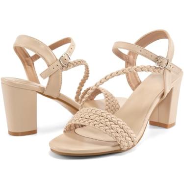 Imagem de HARENCE Sandálias elegantes para mulheres: sandália feminina aberta no tornozelo com tira no tornozelo, salto grosso, sapatos sociais para casamento, formatura, festa, trabalho, Nude., 35