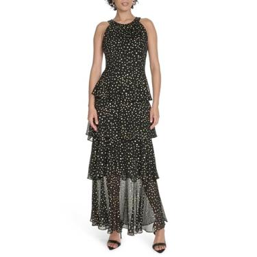 Imagem de Tommy Hilfiger Vestido maxi feminino sem mangas com gola única totalmente forrado, Preto/dourado, 36