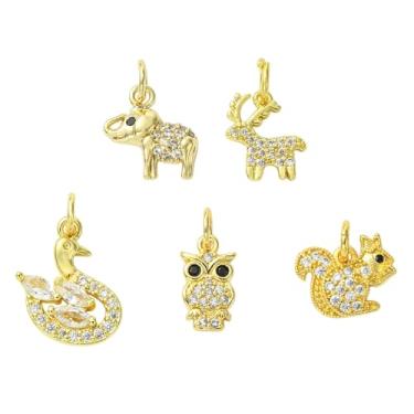 Imagem de UR URLIFEHALL 10 peças, 5 estilos, berloques de animais de zircônia cúbica de latão CZ coruja elefante veado pingentes para pulseira faça você mesmo, colar, brincos, artesanato, fabricação de joias