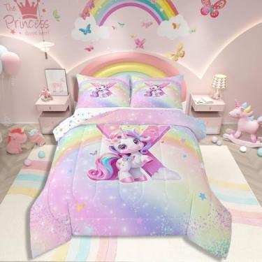 Imagem de Conjunto de edredom Queen, unicórnio roxo, para meninas, monograma, alfabeto, para decoração de quarto de todas as estações, adorável edredom de cama gradiente com glitter, rosa