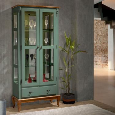 Imagem de Cristaleira com Espelho e LED 2 Portas 3 Prateleiras e Laterais em Vidro 60303EL Linz Móveis - Verde Musgo/Imbuia Glazer