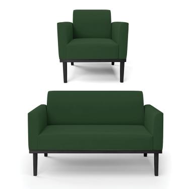 Imagem de Sofá Namoradeira com Poltrona Base de Madeira Fixa Preto Marisa Veludo Verde D03 - D'Rossi