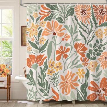 Imagem de Dazzlewall Conjunto de cortina de chuveiro abstrata boêmio, cortinas de chuveiro florais laranja verde, cortina Matisse com ganchos, 183 x 183 cm