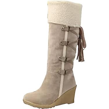 Imagem de Botas femininas longas de inverno para neve com forro de pele quente com cadarço e salto anabela, botas longas antiderrapantes para inverno botas de cano alto com pullon, Bege, 38 BR