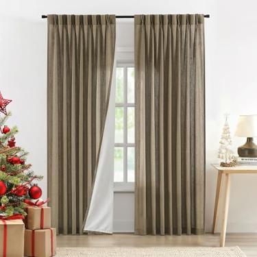 Imagem de Central Park Painel de cortina com filtro de luz plissado com forro de 213 cm para sala de estar, cortina de tratamento de janela texturizada mesclada de linho para quarto com ganchos de abas