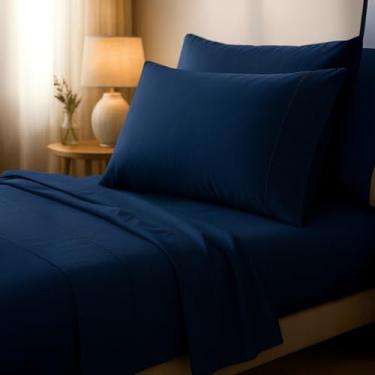 Imagem de Jogo de Cama Casal 400 Fios - Lençol com Elástico e Fronha Envelope, Conforto e Sofisticação(Azul Marinho,King 3 peças)