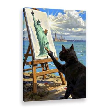 Imagem de Pintura de arte de parede gato preto copiando a estátua da liberdade em um cavalete impressão em tela - decoração de casa (arte 3,6 cm x 160 cm sem moldura)