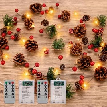 Imagem de JOHUNT 2 unidades de guirlanda de Natal com 20 LEDs de 20 LEDs, cone de pinheiro vermelho com bateria, guirlanda de luzes com 8 modos, controle remoto de Natal interno e externo para decoração de