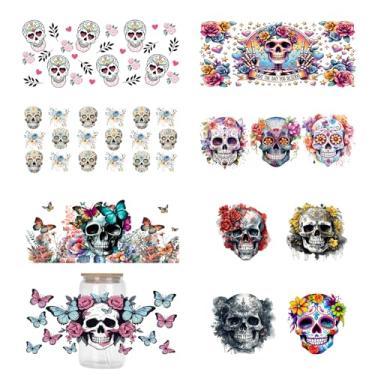 Imagem de 10 adesivos de transferência UV DTF para copos, tema de terror esfregar em decalques crânio flor à prova d'água decoração de transferência de copo para copos de vidro de 473 ml, garrafas