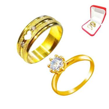 Imagem de Anel Anatomico Dourado Coração 6mm + Anel Solitario 2mm Pedra Branca C