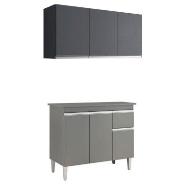 Imagem de Balcão De Cozinha Tatiane Com Tampo 100cm E Armário Aéreo Andréia 3 Portas Cinza Fosco - Ajl
