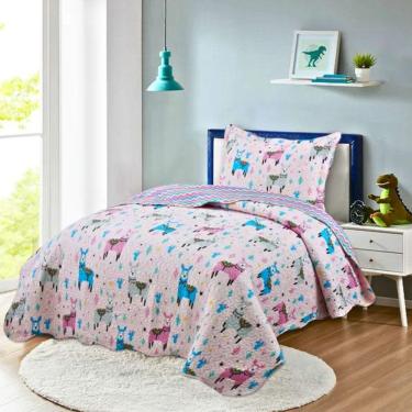 Imagem de Kit Cobre Leito Colcha Solteiro Infantil Studio Dupla Face Estampado 2 Peças - Lhama - Rosa - 100% Poliéster