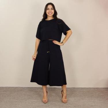 Imagem de Conjunto Feminino Cropped Com Manga e Calça Pantacourt Bolso Tendência