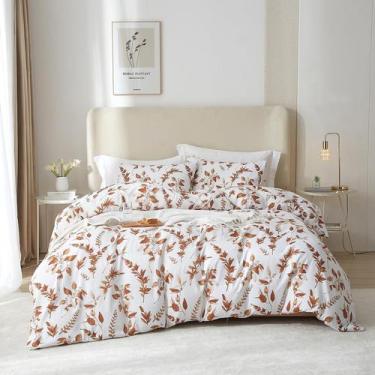Imagem de Conjunto de edredom EAVD Fresh Fall Leaves Queen White Soft Microfiber
