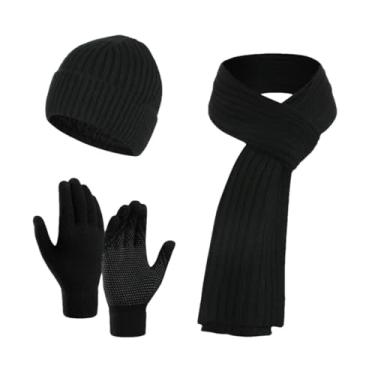 Imagem de Gorro masculino de malha quente de inverno para homens, luvas de tela sensível ao toque, para mulheres, cachecol térmico, capa de pescoço completo, preto