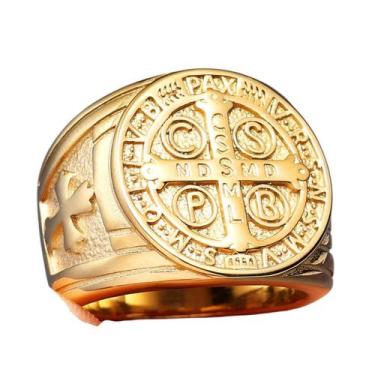 Imagem de Anel Masculino Dourado Medalha de São Bento  Aço Resistente, Design Re