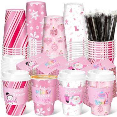 Imagem de Layhit 100 conjuntos de copos de café descartáveis de Natal rosa com tampas e canudos mexedores de flocos de neve copos de papel de café para suprimentos de festa de Natal