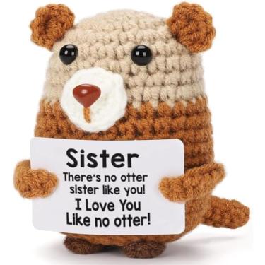 Imagem de Sister Gifts from Sister Christmas - Lontra de crochê positiva - Side by Side Or Miles Apart Sisters Emotional Support Presentes de longa distância para mulheres, Soul Sisters