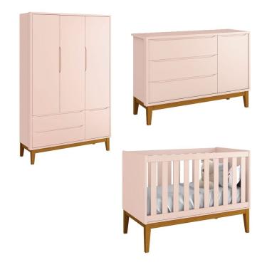 Imagem de Jogo De Quarto Para Bebê Completo 3 Portas Classic New Rosa Fosco Com Madeira - Reller