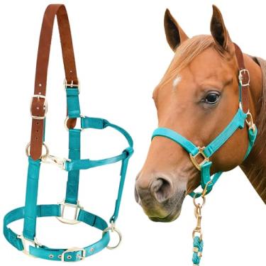Imagem de Yeyeplum Cabresto de cavalo de nylon ajustável com coroa de couro para queixo e garganta para treinamento de cavalos, espetáculos e uso diário para cavalos (verde marrom)
