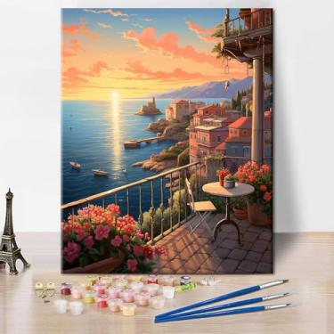 Imagem de Kit de pintura por números para adultos, colorir por número para adultos - pôr do sol em uma cidade litorânea, kits de pintura para adultos faça você mesmo para decoração de casa, artes relaxantes e