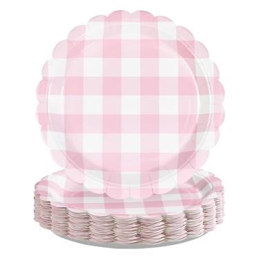 Imagem de 50 peças de pratos de papel guingão rosa, 22 cm, resistente, rosa, branco, xadrez, descartável, sobremesa, decorações de festa para crianças, chá de bebê, churrasco, aniversário, noiva, artigos de