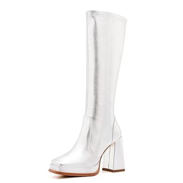 Imagem de ZXHYZLZ Botas femininas Gogo de panturrilha larga dos anos 70 plus size – Botas retrô de salto alto alto e salto quadrado, Prata, 38