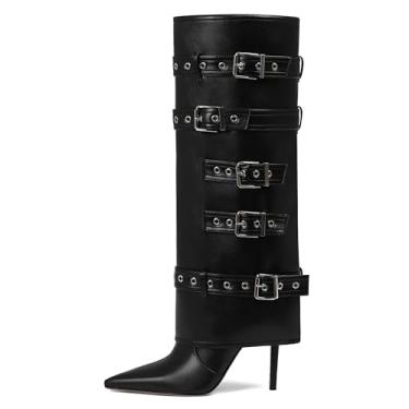 Imagem de Grakihily Bota feminina com fivela na altura do joelho, dobrável, couro de outono, bico fino, salto agulha longa com zíper, Preto, 39