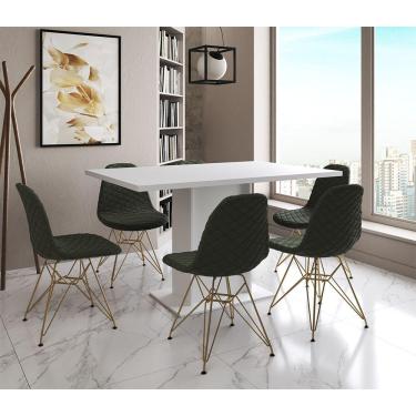 Imagem de Mesa Jantar Londres Retangular Branca 137X90 6 Cadeiras Estofadas Verde Base Dourado