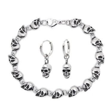 Imagem de VikingSoul Pulseira de aço inoxidável com cordão de crânio para homens, joia de caveira de motociclista punk rock gótico presente com brinco de caveira como presente, 23cm, Metal, Sem Pedra Preciosa