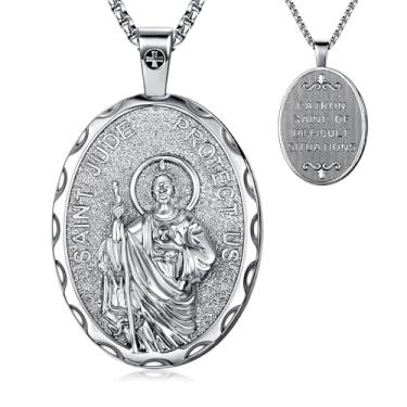 Imagem de OigvcoTe Pingente religioso de São Jude/São Cristóvão/São José/banhado a platina, colar de moedas grande, corrente de 19,69 + 5 cm, medalha de santo padroeiro católico, alto polimento., 19.69+2 Inches