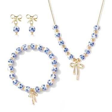 Imagem de RLHRNDE Conjunto de 3 peças de joias com contas de laço para mulheres vintage feito à mão flor azul e branca de porcelana esmaltada colar pulseira e brincos laço Natal aniversário feriado charme joias
